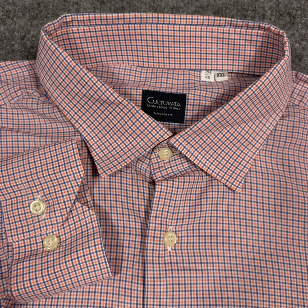 Culturata Tailored Fit Gingham Shirt Mens XXL Orange Blue Cotton Made in Italy